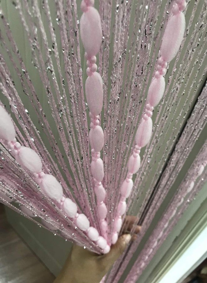 Eyotool Door String Curtain Flat Silver Ribbon Thread with Shaggy Tassel Room Divider, 39’’x79’’ (Pink-style2) - Image 2